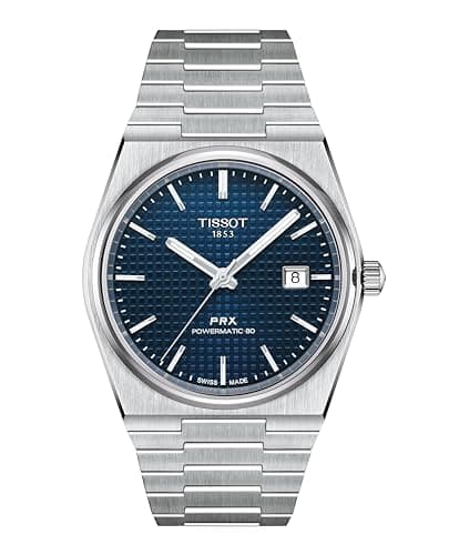 Tissot PRX Armbanduhr mit blauem Zifferblatt, Datumsfenster und Edelstahlarmband vor weißem Hintergrund
